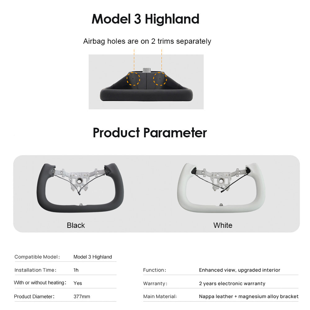 Volante con volante con calefacción y costuras, modelo 3 Highland 2024, más nuevo, de 377 mm y con manilla de horquilla para modificación de Tesla