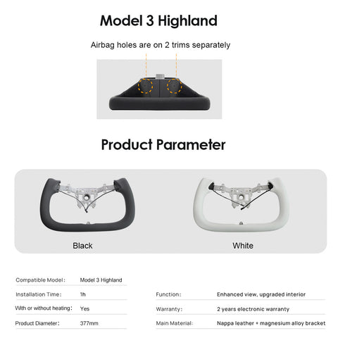 VJOYCAR 377mm Yoke Handle Model 3 Highland 2024 with Heating Yoke Steering Wheel with Stitching For Tesla Modification