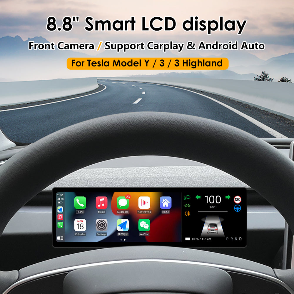 VJOYCAR 8.8 inches New Dashboard Screen For Tesla Model 3 Y Support Wireless Carplay & Android Auto Blind Spot Monitor Optional Camera