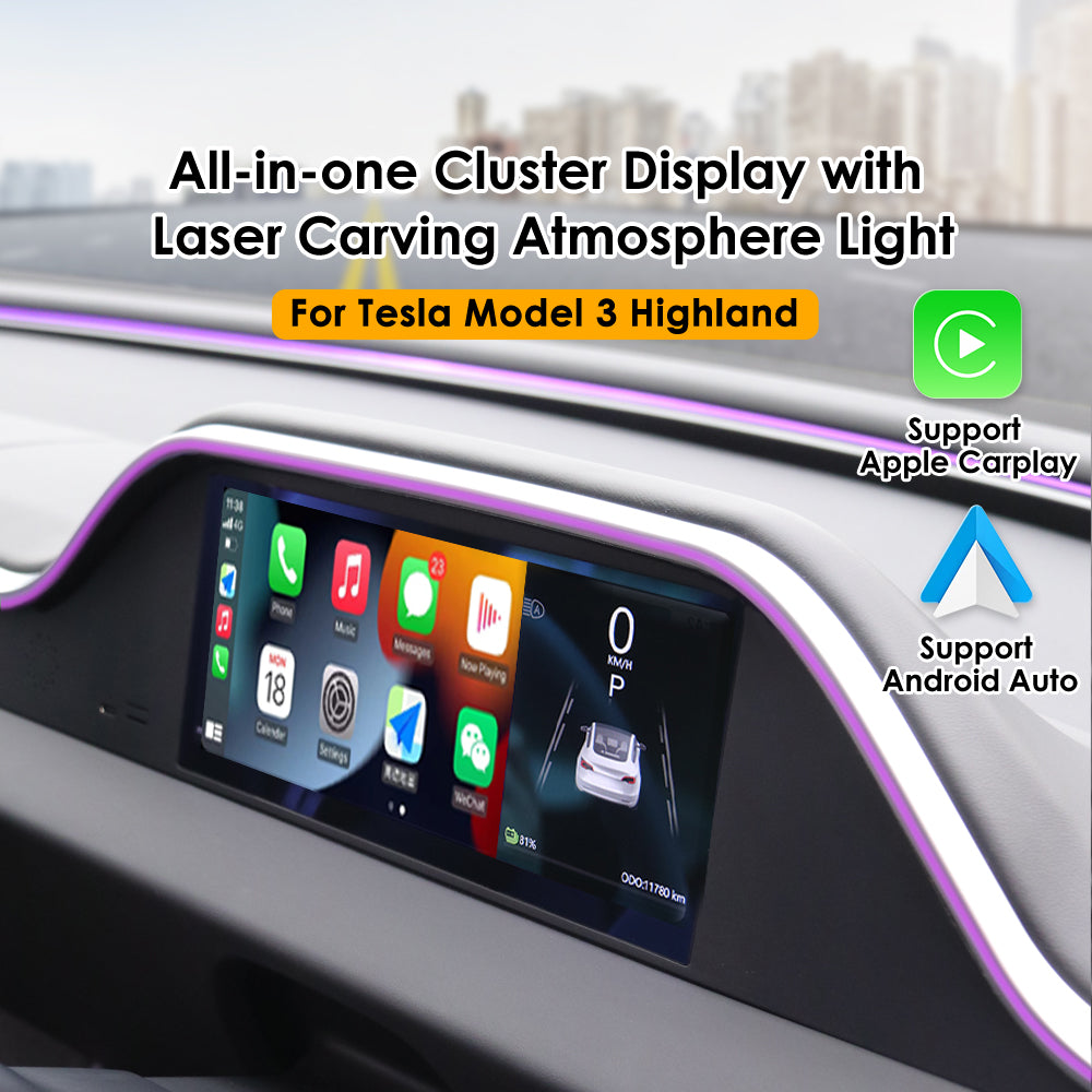 VJOYCAR All-in-one Cluster Display with Laser Carving Atmosphere Light for Tesla Model 3 Highland