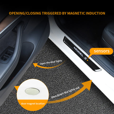 VJOYCAR 4pcs Door Sill Protector Wireless LED Magnetic Illuminated Pedal Kits For Tesla Model 3 Y