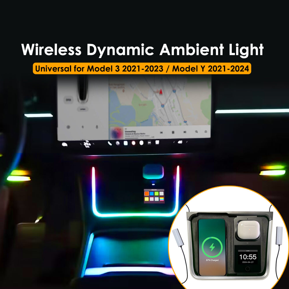 VJOYCAR Wireless Earphone Charging Dynamic Ambient Light Footwell Lamp Date Time Display Free Installation For Tesla Model Y 3