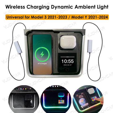 VJOYCAR Wireless Earphone Charging Dynamic Ambient Light Footwell Lamp Date Time Display Free Installation For Tesla Model Y 3