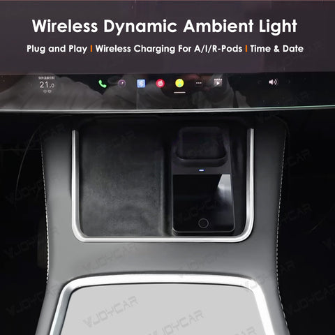 VJOYCAR Wireless Earphone Charging Dynamic Ambient Light Footwell Lamp Date Time Display Free Installation For Tesla Model Y 3