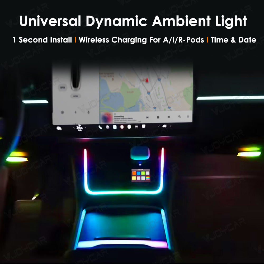 VJOYCAR Wireless Earphone Charging Dynamic Ambient Light Footwell Lamp Date Time Display Free Installation For Tesla Model Y 3