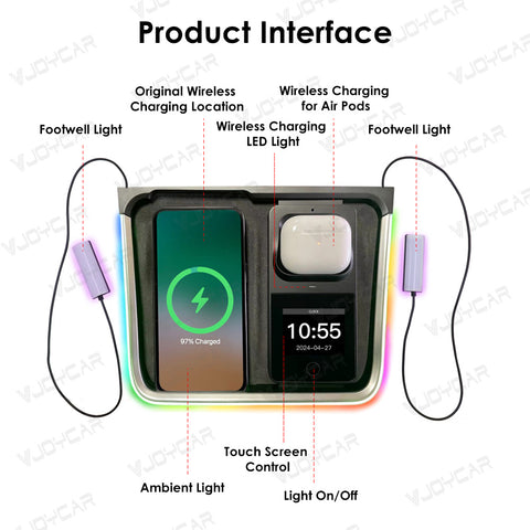 VJOYCAR Wireless Earphone Charging Dynamic Ambient Light Footwell Lamp Date Time Display Free Installation For Tesla Model Y 3