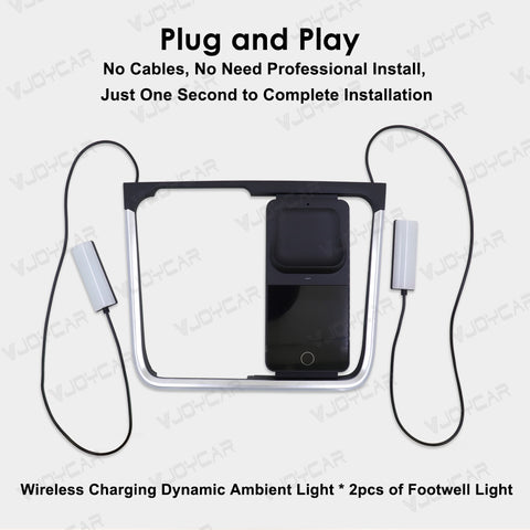 VJOYCAR Wireless Earphone Charging Dynamic Ambient Light Footwell Lamp Date Time Display Free Installation For Tesla Model Y 3